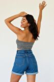 Kadın Duble Paça Yıkamalı Denim Şort