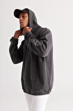 Erkek Antrasit-melanj Oversize Bol Kesim Içi Polarlı 3 Iplik Kapüşonlu Baskılı Sweatshirt