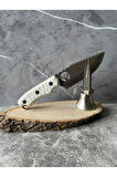 Geyik Desenli El Yapımı Beyaz Kabzeli Kılıflı Kamp ve Av Bıçağı – 20,5 cm