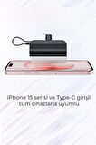 Type-C Soketli Mini Powerbank 5000mAh 2 Type-C Port Dahili Kablolu Taşınabilir Şarj Cihazı Siyah