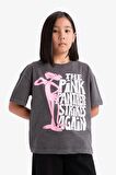 Kız Çocuk Pink Panther Oversize Geniş Kalıp Bisiklet Yaka Kısa Kollu Tişört