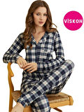 Kadın Viskon Önden Düğmeli Gömlek Yaka Göğüs Cepli Uzun Kol Mevsimlik Pijama Takımı
