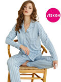 Kadın Viskon Önden Düğmeli Gömlek Yaka Göğüs Cepli Uzun Kol Mevsimlik Pijama Takımı