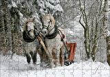 Cakapuzzle  Karda Kızak Çeken Bir Çift At Puzzle Yapboz MDF Ahşap