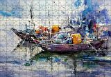 Cakapuzzle Rıhtımda Demirli Kayıklar Yağlı Boya Puzzle Yapboz MDF Ahşap