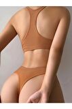 Kadın Kaşkorse Kumaş Camel Sütyen Külot Takımı