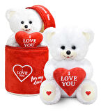 Özel Peluş Çanta İçerisinde Sevgiliye Özel Kalpli (I LOVE YOU) Yazılı Sevimli Peluş Ayıcık