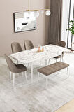 Fonza Beyaz Mermer Desen 80x132 MDF Açılabilir Mutfak Masası Takımı 4 Sandalye , 1 Bench