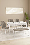 Floryn Beyaz Mermer Desen 80 X 132 Benchli Açılabilir MDF Mutfak Masa Takımı 4 Sandalye