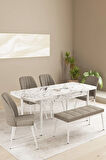 Floryn Beyaz Mermer Desen 80 X 132 Benchli Açılabilir MDF Mutfak Masa Takımı 4 Sandalye