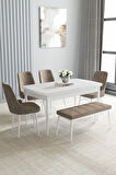 Arvela Beyaz 80x132 MDF Açılabilir Mutfak Masası Takımı 4 Sandalye, 1 Bench