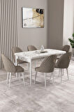 Milas Beyaz Mermer Desen 80x132 MDF Açılabilir Mutfak Masası Takımı 6  Sandalye