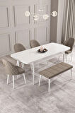 Calvin Beyaz 80x132 MDF Açılabilir Mutfak Masası Takımı 4 Sandalye, 1 Bench