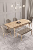 Calvin Meşe Desen 80x132 MDF Açılabilir Mutfak Masası Takımı 4 Sandalye, 1 Bench