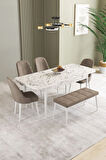 Ikon Beyaz Mermer Desen 80x132 MDF Açılabilir Yemek Masası Takımı 4 Sandalye, 1 Bench
