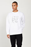 Erkek Beyaz Oversize Bol Kesim Bisiklet Yaka Baskılı Rahat Sweatshirt