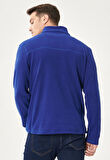 Erkek Saks Mavi Standart Fit Normal Kesim Fermuarlı Bato Yaka Isı Koruyan Polar Sweatshirt