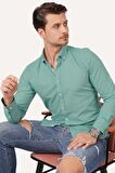 Mint Yeşili Yaka Düğmeli Keten Slimfit Gömlek
