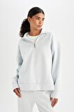 DeFactoFit Oversize Geniş Kalıp Fermuarlı Dik Yaka Skuba Dalgıç Kumaş Sporcu Basic Düz Sweatshirt C9404AX24AUBE817