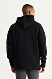 Erkek Siyah Oversize Fit Bol Kesim Kapüşonlu Içi Polarlı 3 Iplik Baskılı Sweatshirt