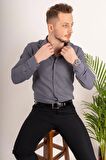 Erkek Füme Armür Desenli Slimfit Gömlek