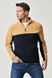 Erkek Karamel-lacı Standart Fit Normal Kesim Günlük Rahat Çift Renkli Polar Spor Sweatshirt