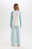 DeFacto Kız Çocuk Pijama Takımı Bisiklet Yaka Baskılı Uzun Kollu Üst Çizgili Uzun Alt D6059A824AUGN1209