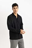 DeFacto Modern Fit Polo Yaka Basic Düz Krinkıl Uzun Kollu Siyah Gömlek B7384AX24SPBK27