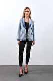 Kadın Uzun Kollu Tek Düğmeli Jean Ceket Buz Mavi