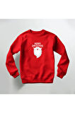 Merry Christmas Baskılı Kırmızı Bisiklet Yaka Sweatshirt Kalın Kumaş 3 İplik