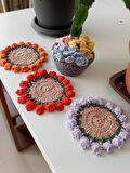 Amigurumi el örgüsü sepetli çiçek buketi bardak altlığı - Karanfil 7 parça