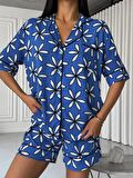 Papatya Desen Önden Düğmeli Gömlek Yaka Göğüs Cep Detay Kısa Kol Viskon Şortlu Dokuma Pijama Takımı