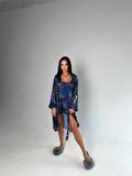 Kadın Ayarlanabilir İp Askılı Saten Mini Şortlu 3'lü Sabahlıklı Pijama Takımı(3 Parça Çeyizlik Set)