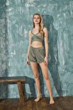Kadın Crop Fransız Kadife Geniş Kol Sabahlıklı Dantel Detaylı Bralet Şortlu Pijama Takımı 3lü Set