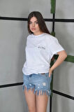 civetta Unisex Bisiklet Yaka Baskılı Oversize T-Shirt- Beyaz