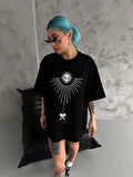 civetta Unisex Bisiklet Yaka Baskılı Oversize T-Shirt - Siyah