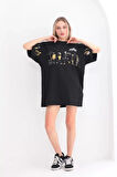 civetta Unisex Bisiklet Yaka Baskılı Oversize T-Shirt - Siyah