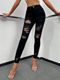 civetta Kadın Yüksek Bel Slim Fit Lazer Kesim Yırtık Pantolon