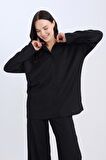 DeFacto Relax Fit Gömlek Yaka Bürümcük Uzun Kollu Siyah Gömlek D7520AX24AUBK81