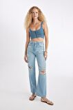 DeFacto Kalın Askılı Fermuarlı Crop Korse Jean Bluz C3335AX24HSNM39