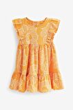 % 100 Pamuklu Orange Floral Elbise