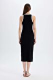 DeFacto Bodycon Vücudu Saran Basic Düz Fitilli Kaşkorse Kolsuz Midi Elbise D5302AX24HSBK81