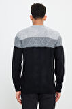 Erkek Gri-siyah Standart Fit Normal Kesim Bisiklet Yaka Colorblock Desenli Yünlü Triko Kazak
