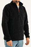 Souris Erkek Siyah Standart Kalıp Anti-Pilling Tüylenme Yapmayan Yarım Fermuar Polar Sweatshirt