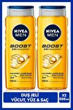 NIVEA MEN Erkek Duş Jeli Boost 500ml, Vücut Yüz Saç, Nane Özleri, Kafein ile Canlandırıcı Bakım, X2 Adet