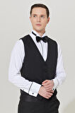 Erkek Siyah Slim Fit Dar Kesim V Yaka Desenli Klasik Yelek