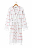 Kapşonlu Unisex Beyaz Çizgili Banyo Deniz Plaj Peştemal Bornozu %100 Pamuklu