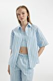 DeFacto Coool Oversize Çizgili Poplin Kısa Kollu Gömlek D3835AX24HSBE196