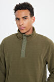 Erkek Haki Loose Fit Bato Yaka Desenli Polar