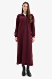 DeFacto Loose Fit Fermuarlı Polo Yaka Selanik Kumaş Basic Düz Uzun Kollu Midi Elbise F1640AX25SPBR204